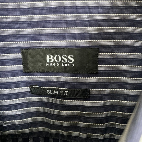 Boss Hugo Boss Navy/Silver Striped Men's Button-Up Long Sleeve Shirt Size Large - Picture 2 of 11